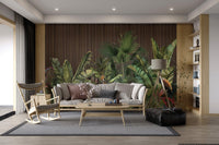Exotic bird and green leaf wall mural for living room interior. 