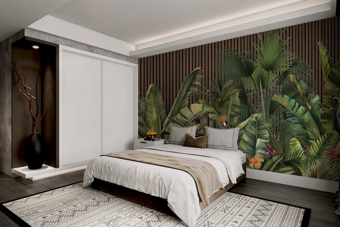 Tropical Botanical Wall Mural with large monstera and banana leaves.