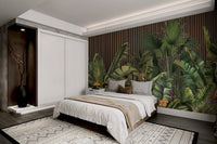 Tropical Botanical Wall Mural with large monstera and banana leaves.