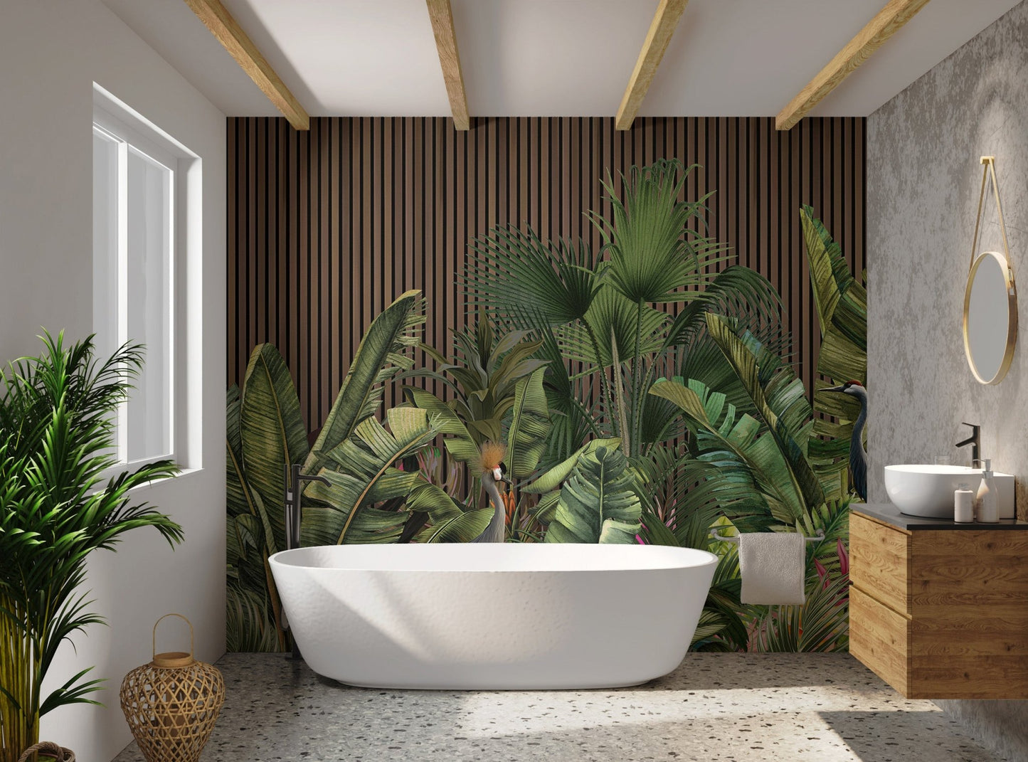 Grey crowned crane in tropical botanical wall mural for bathroom.