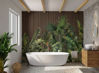 Grey crowned crane in tropical botanical wall mural for bathroom.