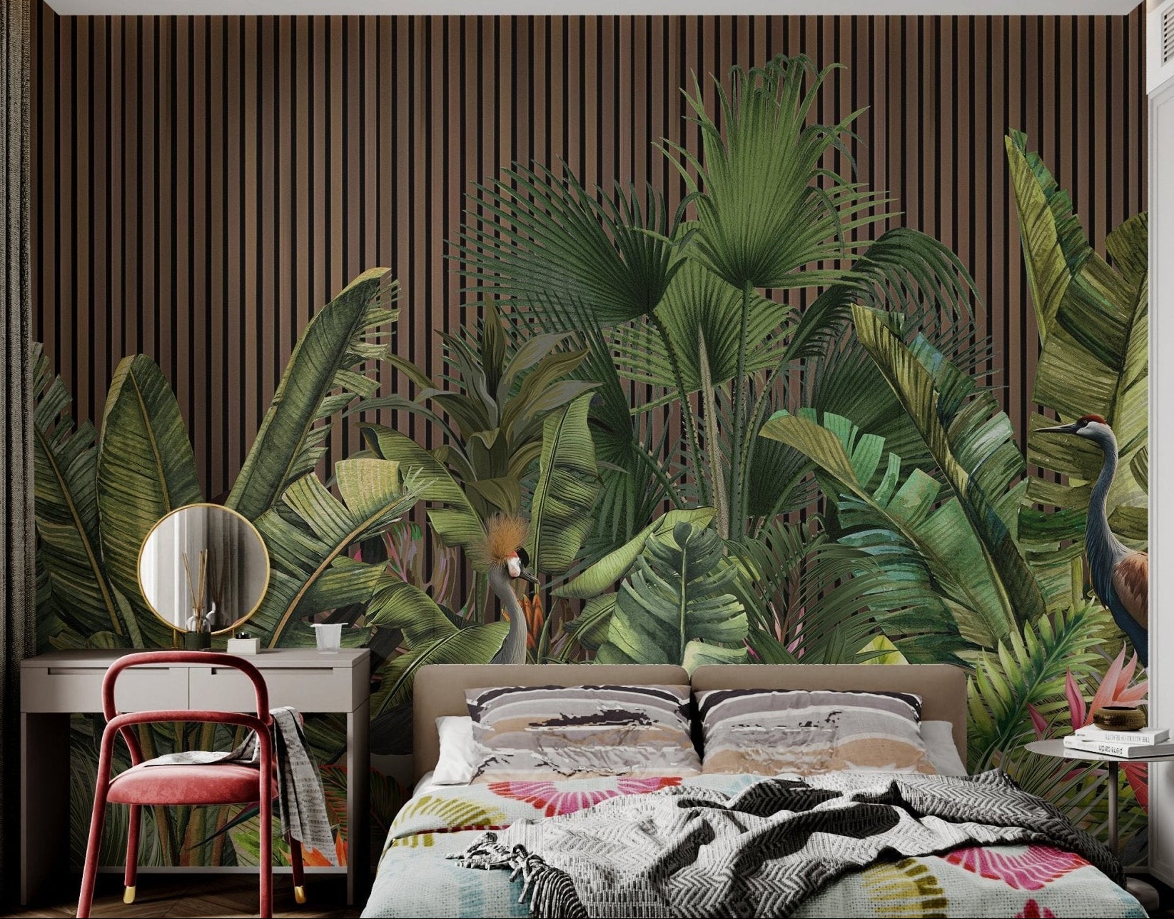 Green palm leaves and crane wall mural on brown timber slats for bedroom.