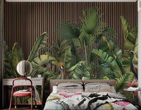 Green palm leaves and crane wall mural on brown timber slats for bedroom.