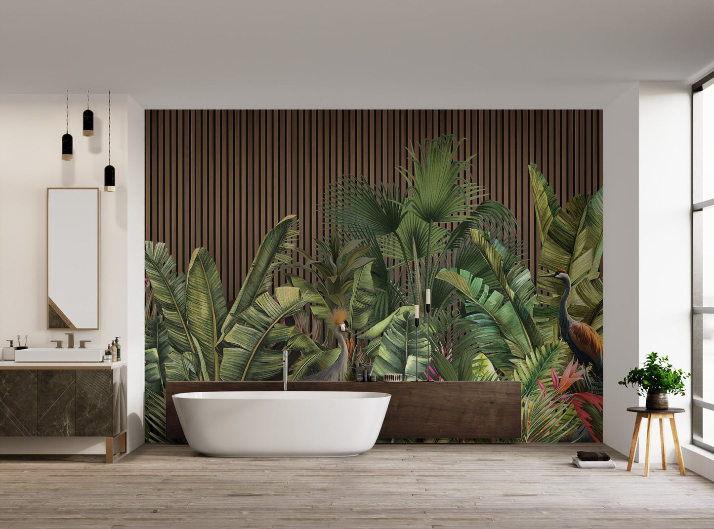 Dark wood slat pattern wall mural with realistic tropical flora for bathroom.
