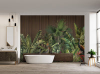 Dark wood slat pattern wall mural with realistic tropical flora for bathroom.