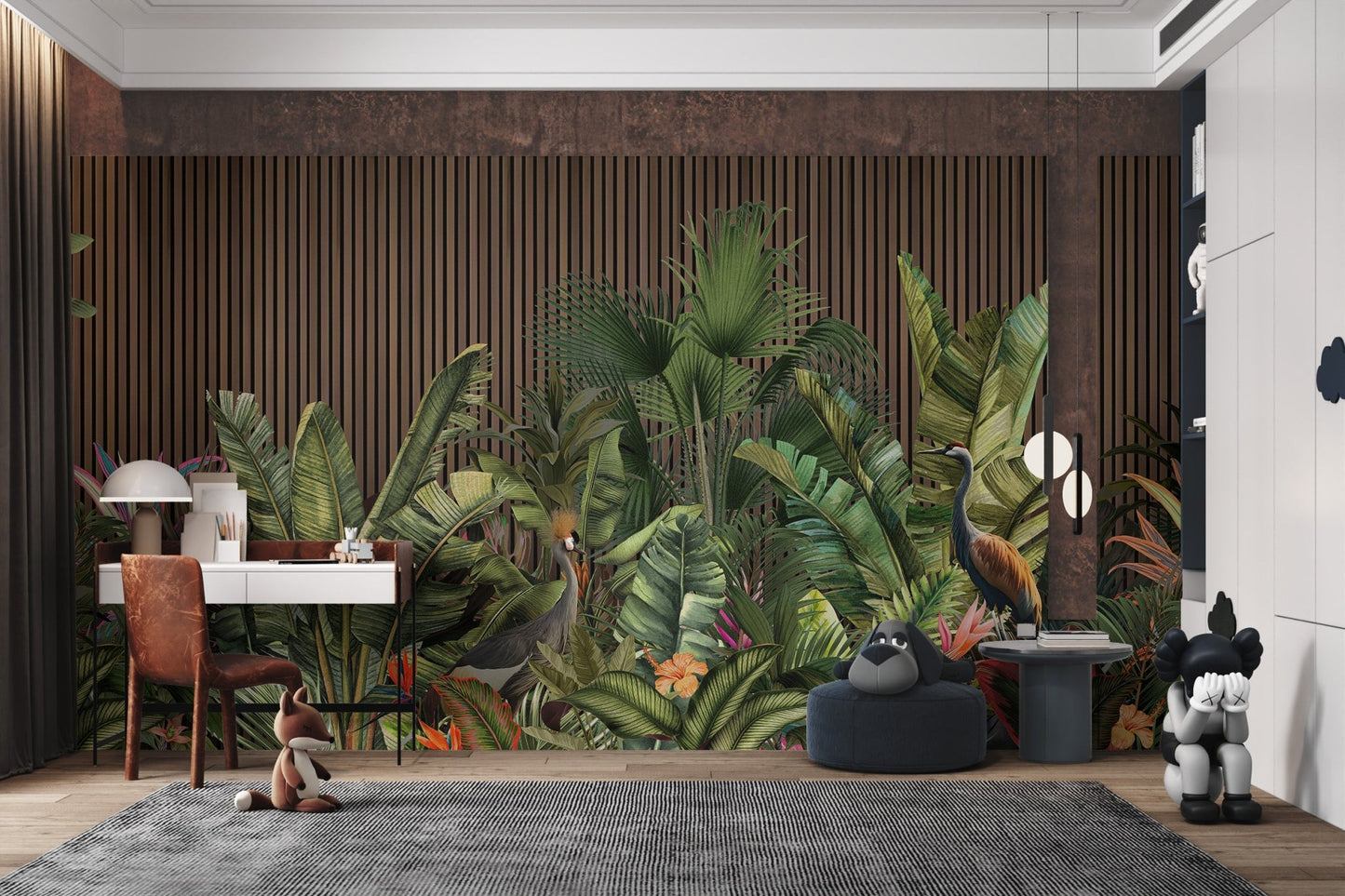 Lush jungle foliage wall mural with brown ribbed texture for study area.