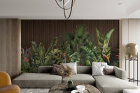Tropical Botanical Wall Mural with hibiscus and orange floral accents.