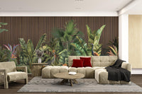 Tropical Botanical Mural showcasing cranes among forest foliage.