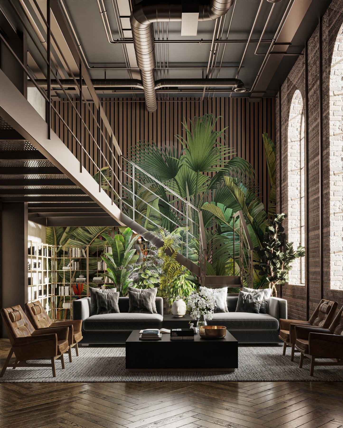 Vertical wood panel effect wall mural with dense tropical greenery.