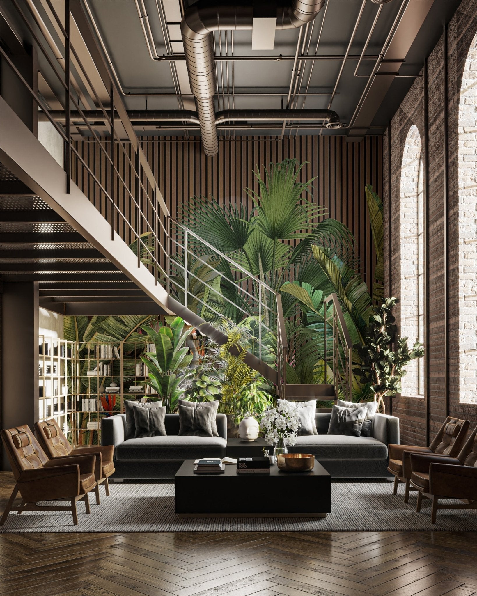 Vertical wood panel effect wall mural with dense tropical greenery.