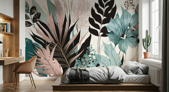Blush botanical wallpaper in full wall