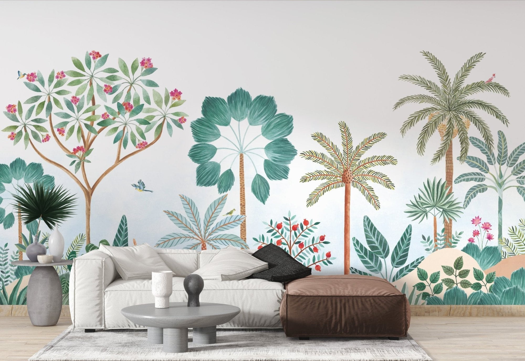 Tropical canopy wall mural with palm trees wallpaper in soft green tones.