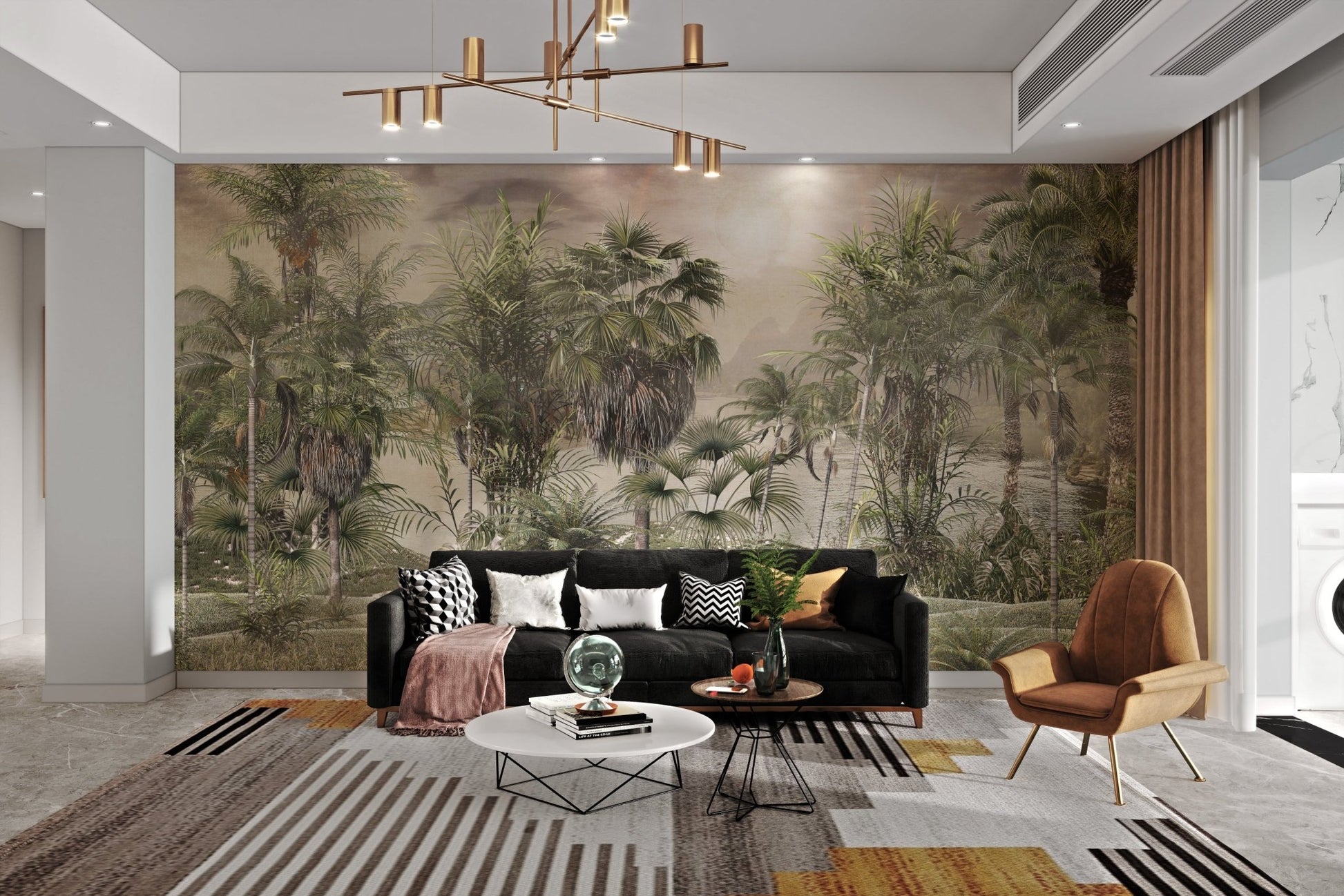 Misty green and brown tropical jungle mural for residential feature walls.
