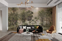 Misty green and brown tropical jungle mural for residential feature walls.