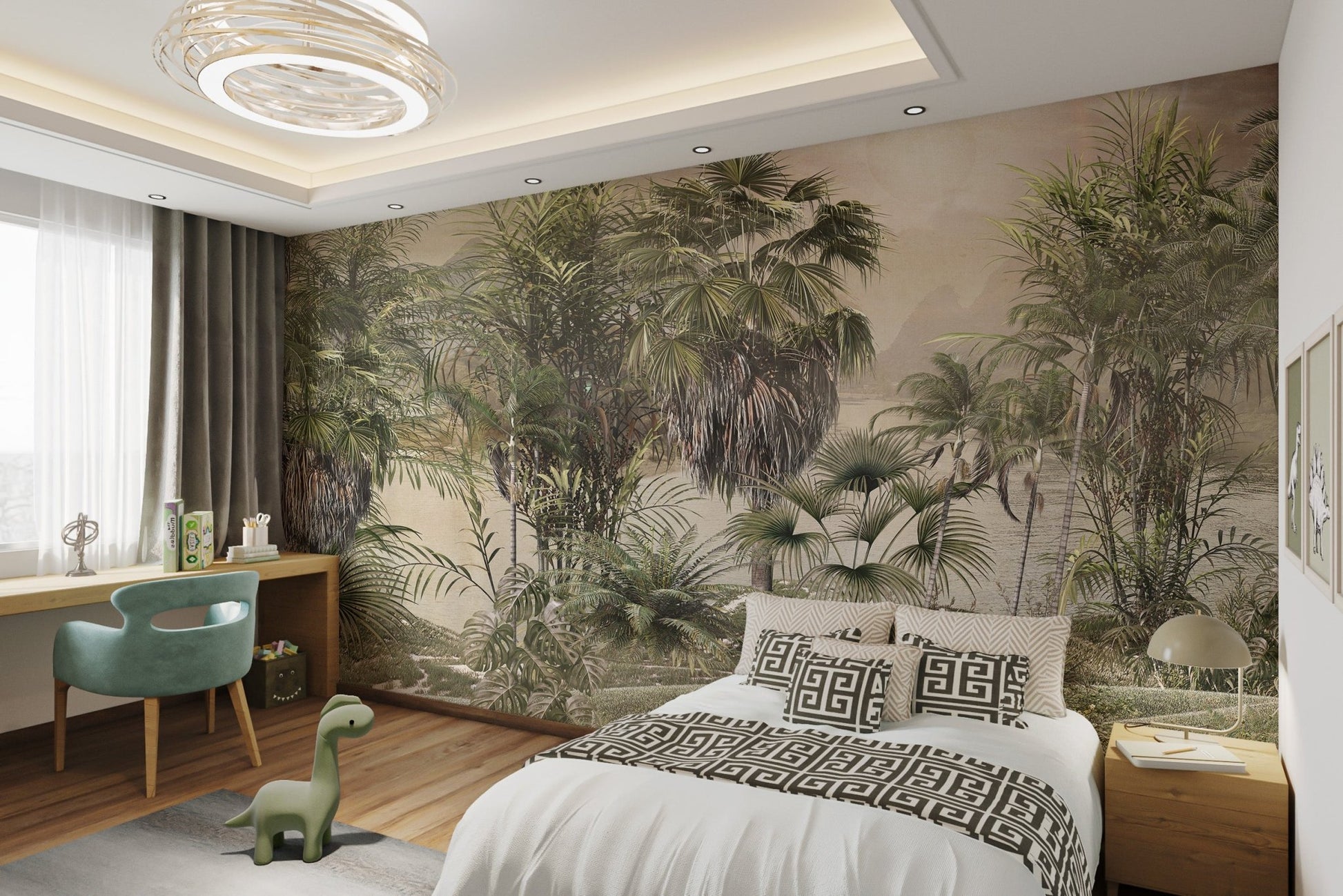 Foggy rainforest mural featuring a sunny day for modern master bedroom.