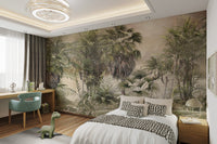 Foggy rainforest mural featuring a sunny day for modern master bedroom.