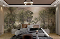 Tropical rainforest mural with fog and sunny highlights in bedroom.