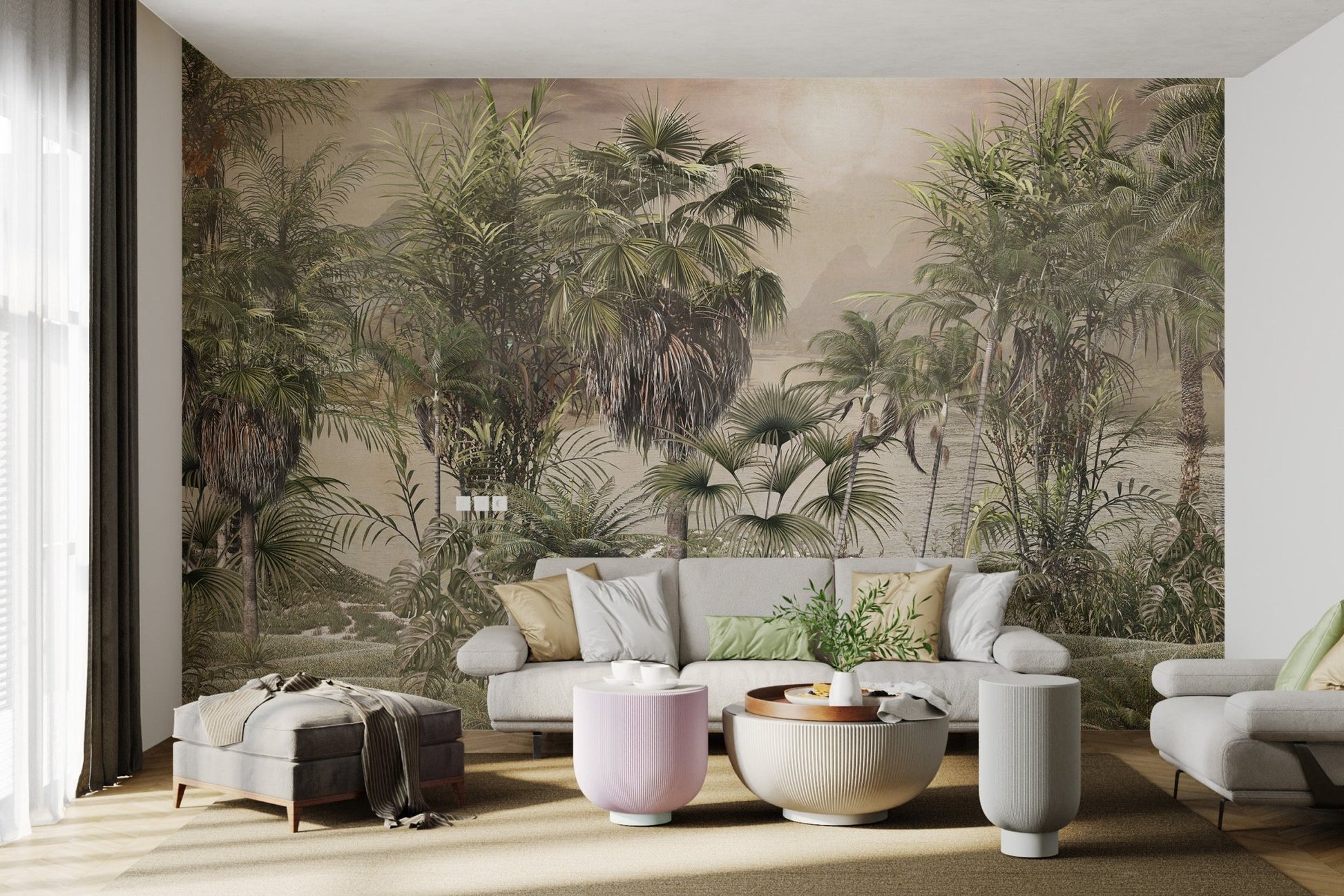 Sunny day foggy rainforest wall mural in soft green for flat interiors.