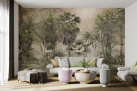 Sunny day foggy rainforest wall mural in soft green for flat interiors.