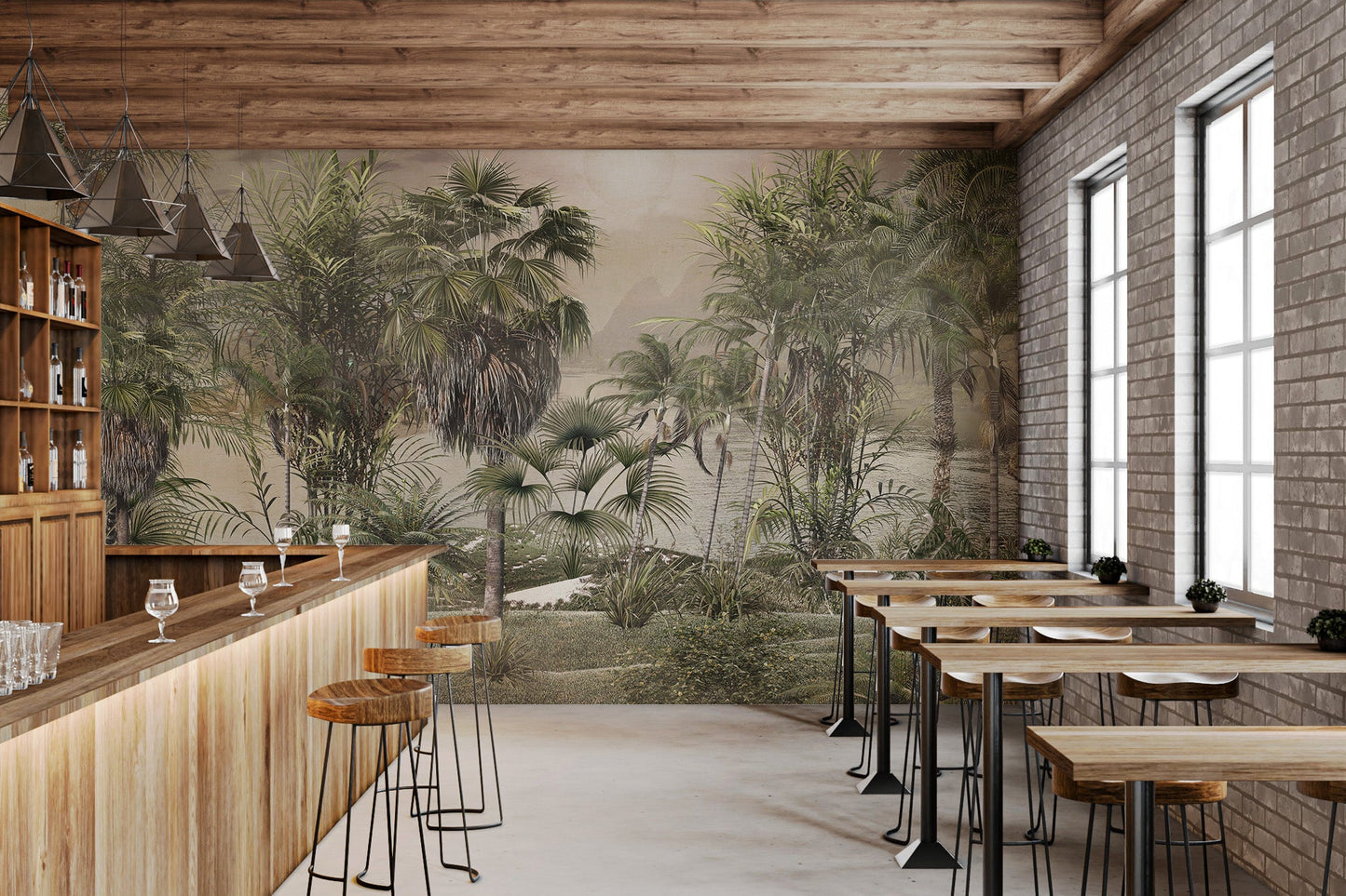 Commercial cafe interior featuring misty green rainforest tree wall mural.