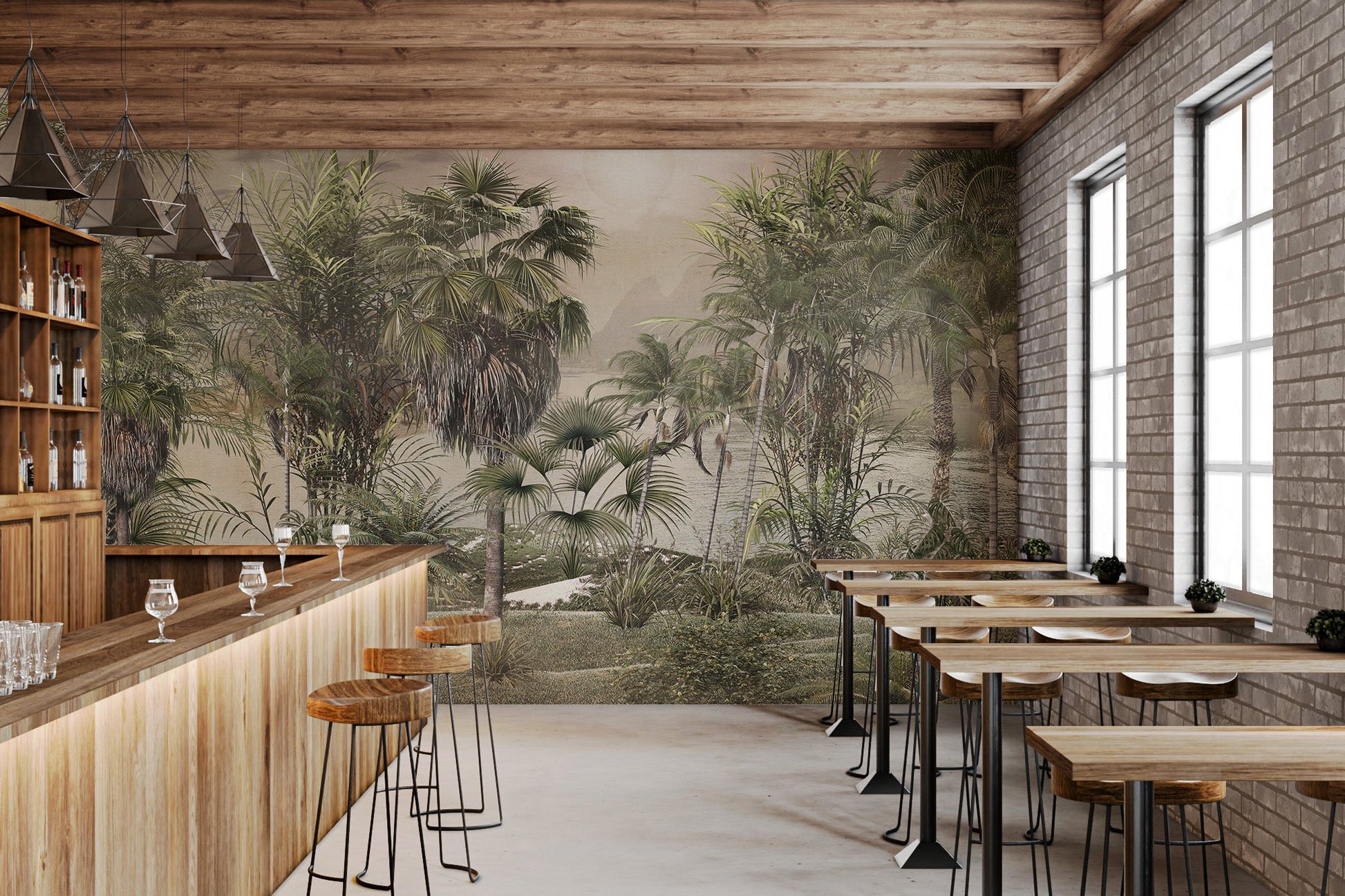 Commercial cafe interior featuring misty green rainforest tree wall mural.