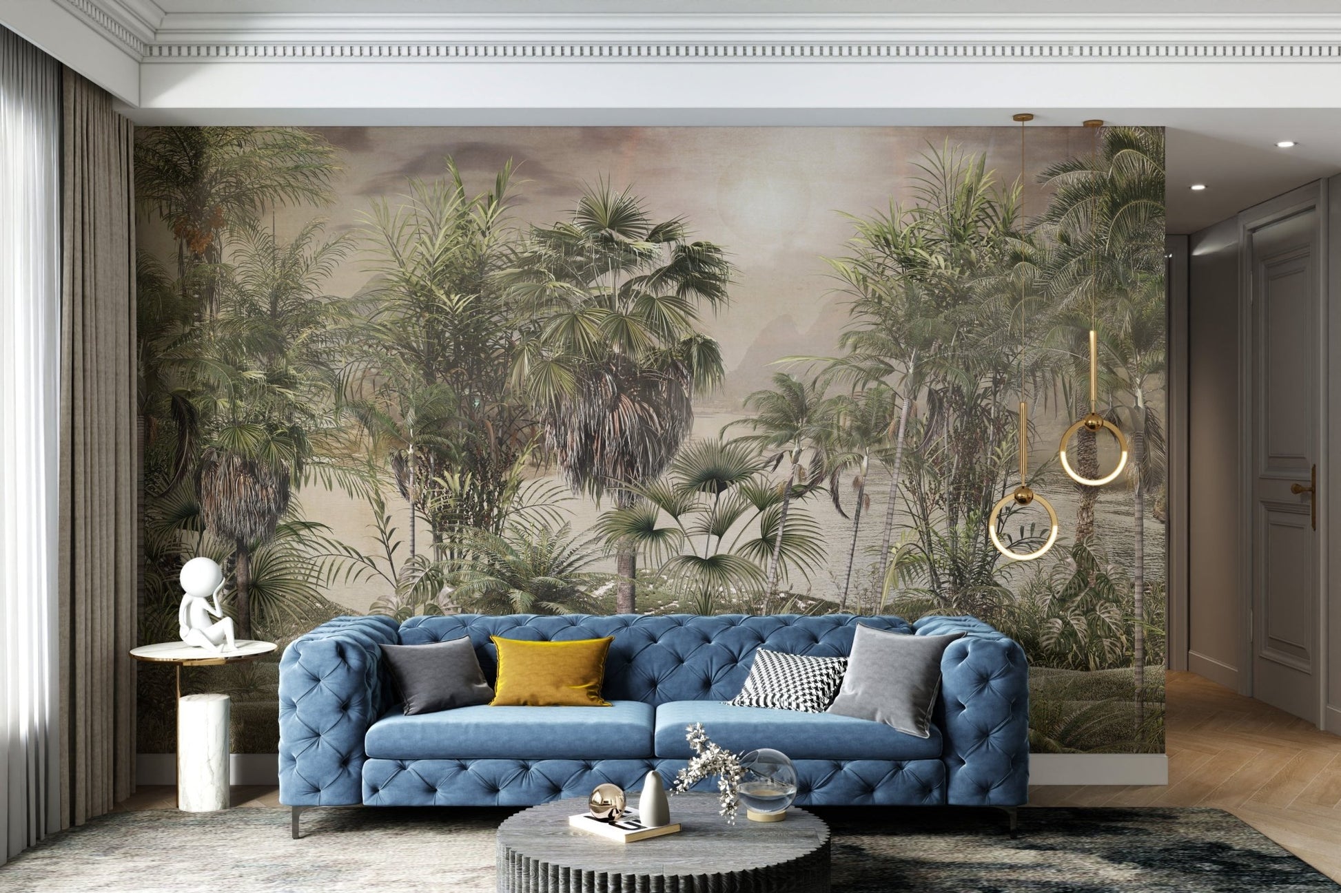 Vintage style green rainforest wall mural for modern apartment interiors.