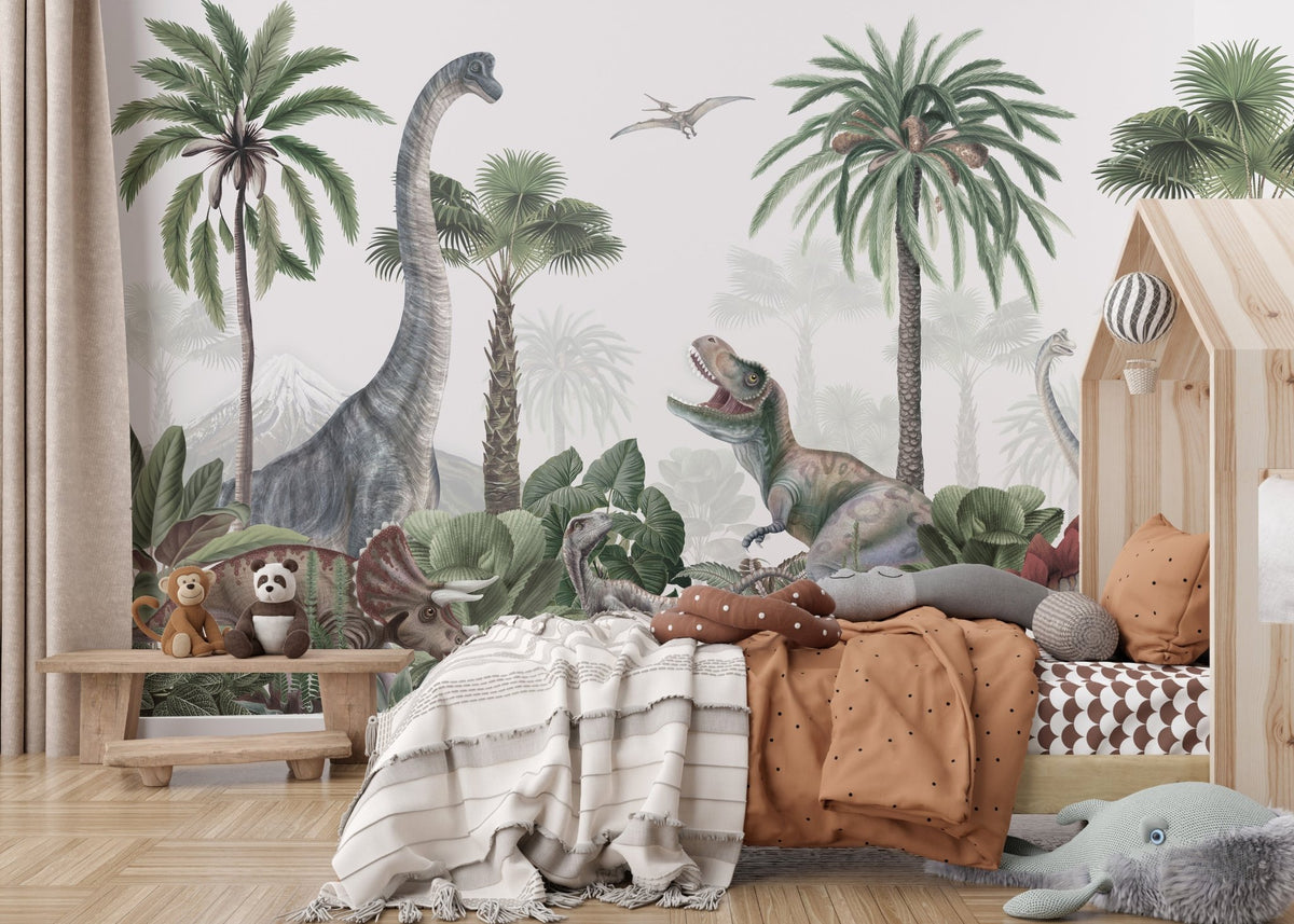Pale green tropical wallpaper with flying Pterodactyl and volcano.