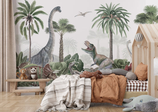 Pale green tropical wallpaper with flying Pterodactyl and volcano.