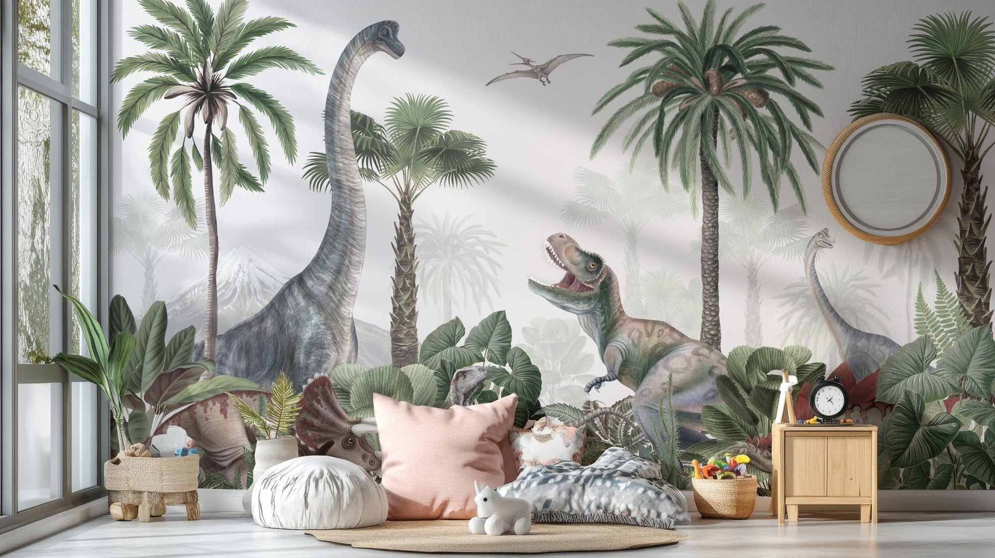 Vintage style dinosaur wallpaper featuring a large brachiosaurus.