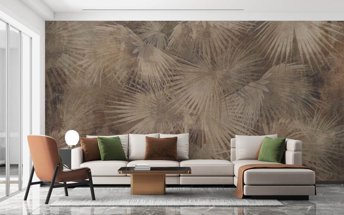 Tropical elegance wall mural with palm leaves in warm brown wallpaper.