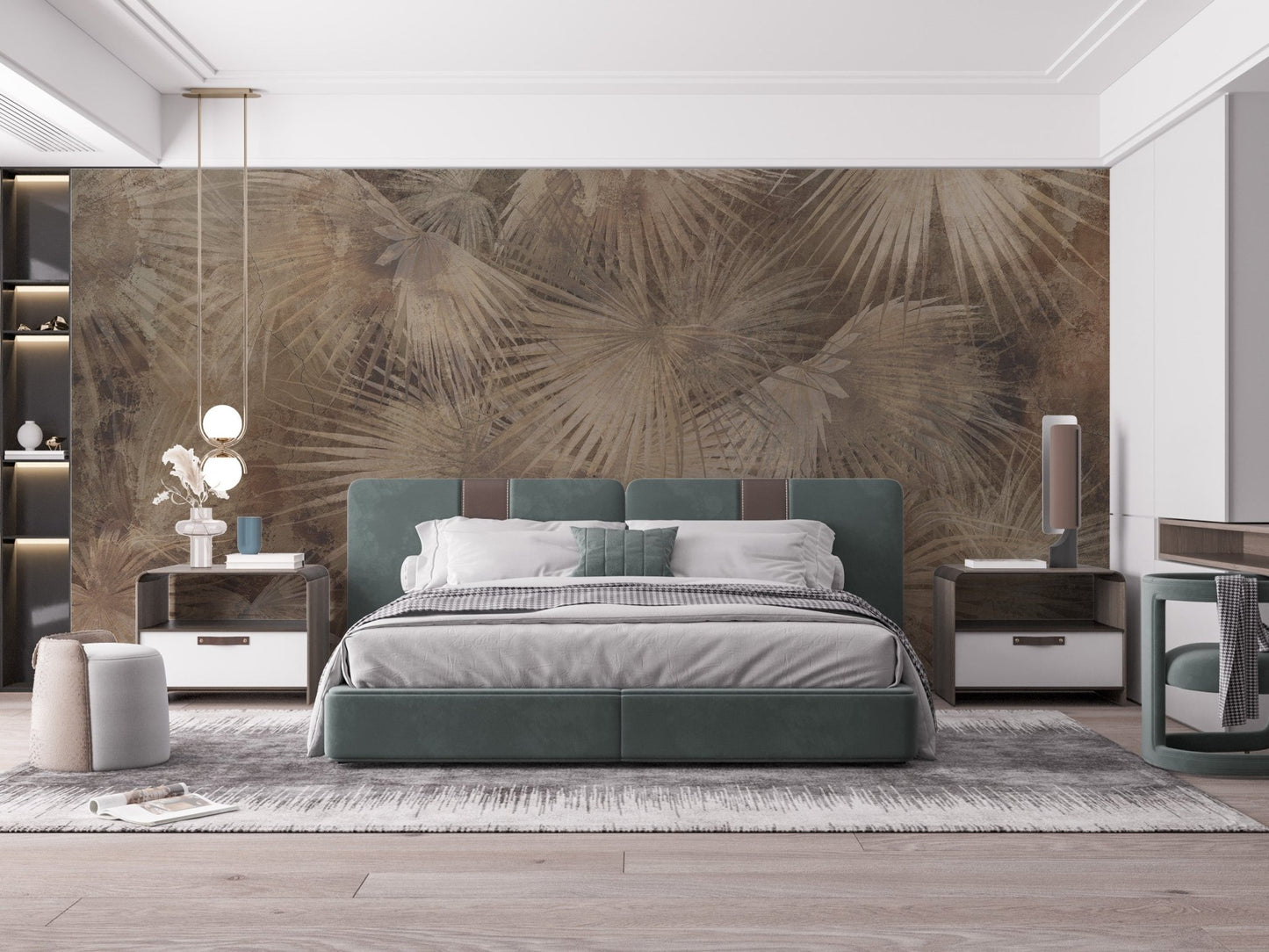 Textured tropical foliage wall mural in natural earthy color.