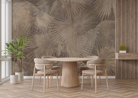 Artistic palm pattern wallpaper with vintage concrete effect.