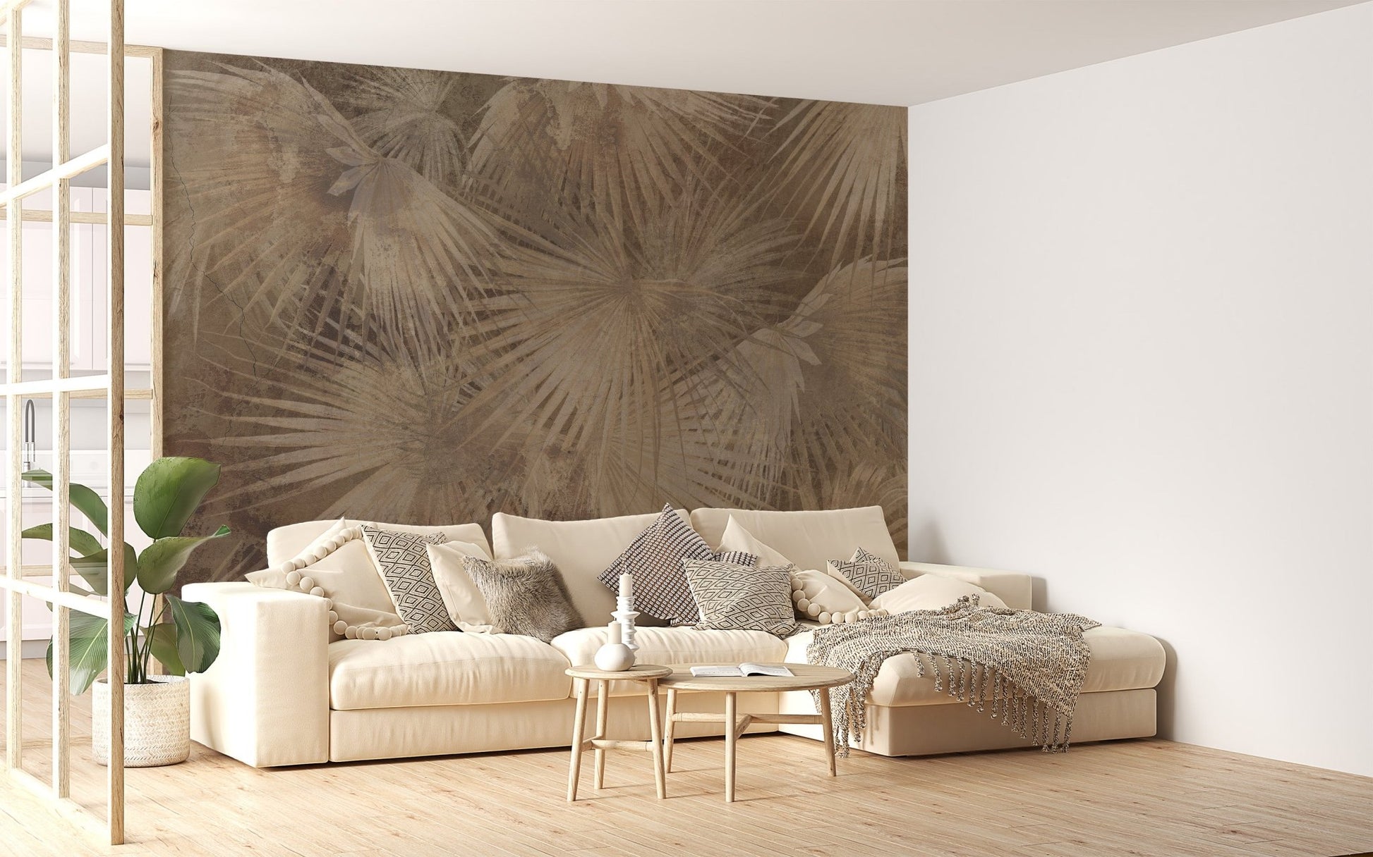 Grunge texture tropical wallpaper with layered palm leaves.