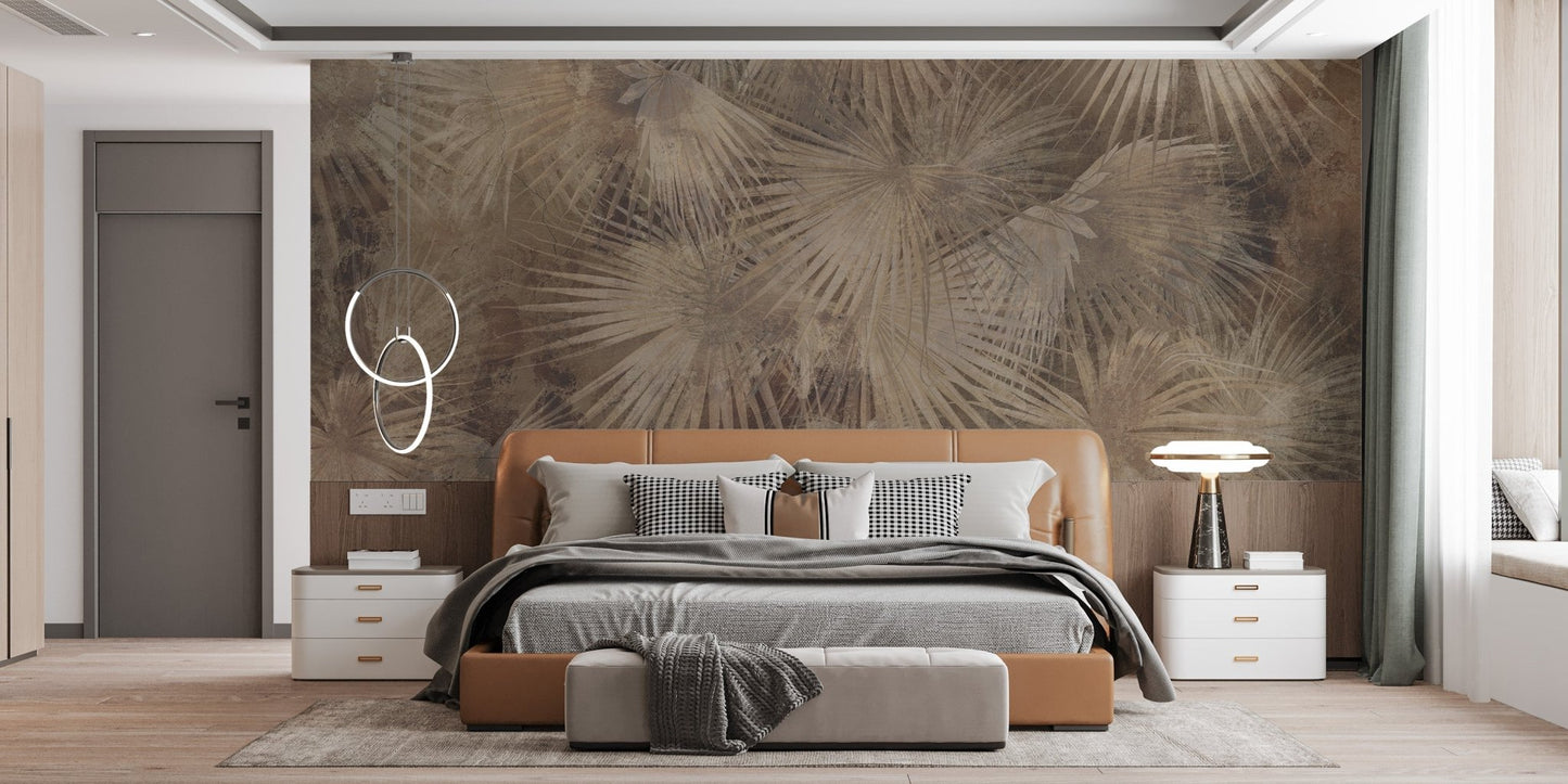 Rustic palm frond wall mural in muted sand color palette.
