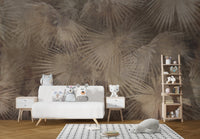 Vintage style tropical foliage wallpaper in beige and taupe color.