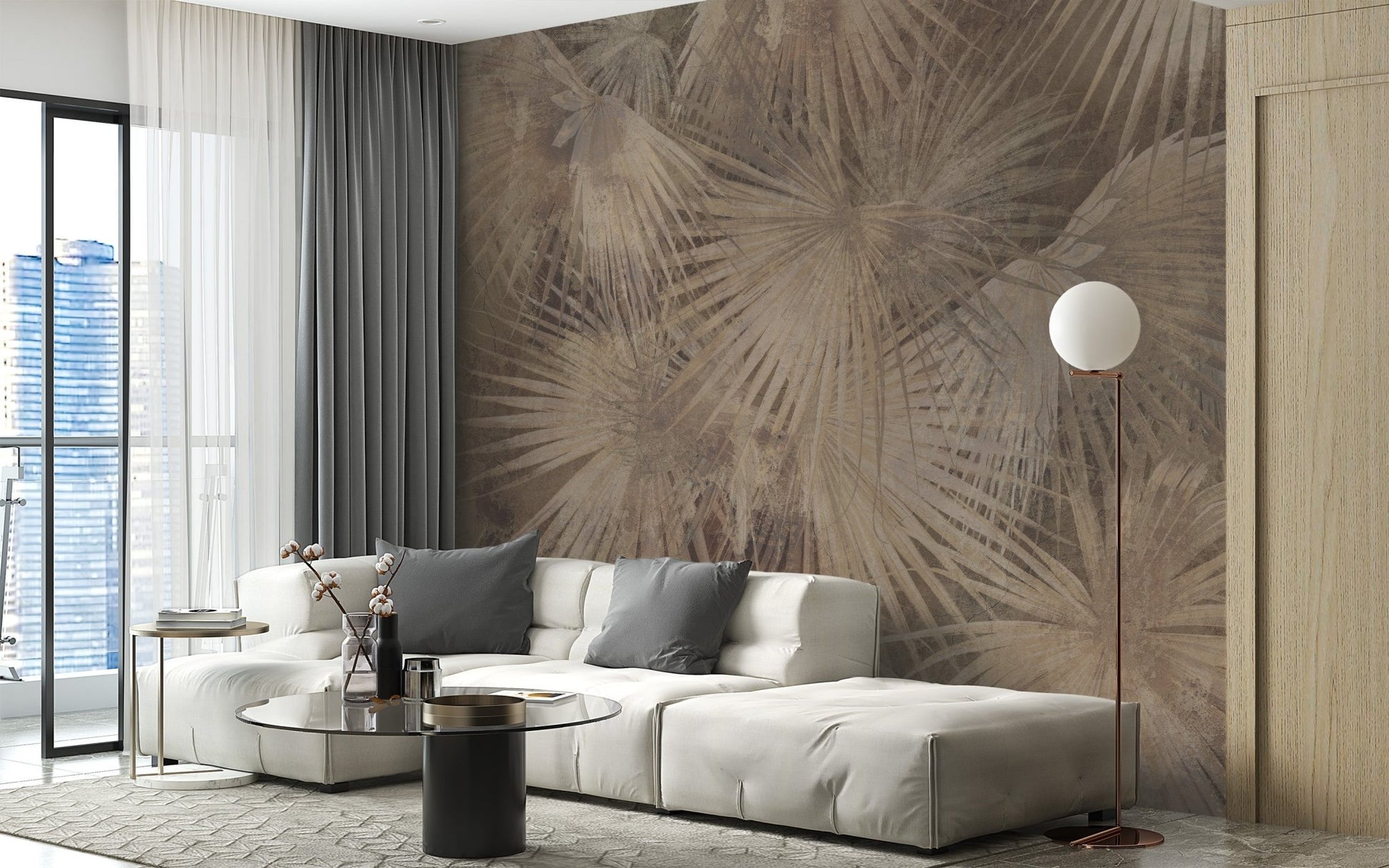 Minimal tropical elegance wall mural in warm mocha shades.