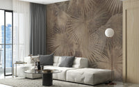 Minimal tropical elegance wall mural in warm mocha shades.