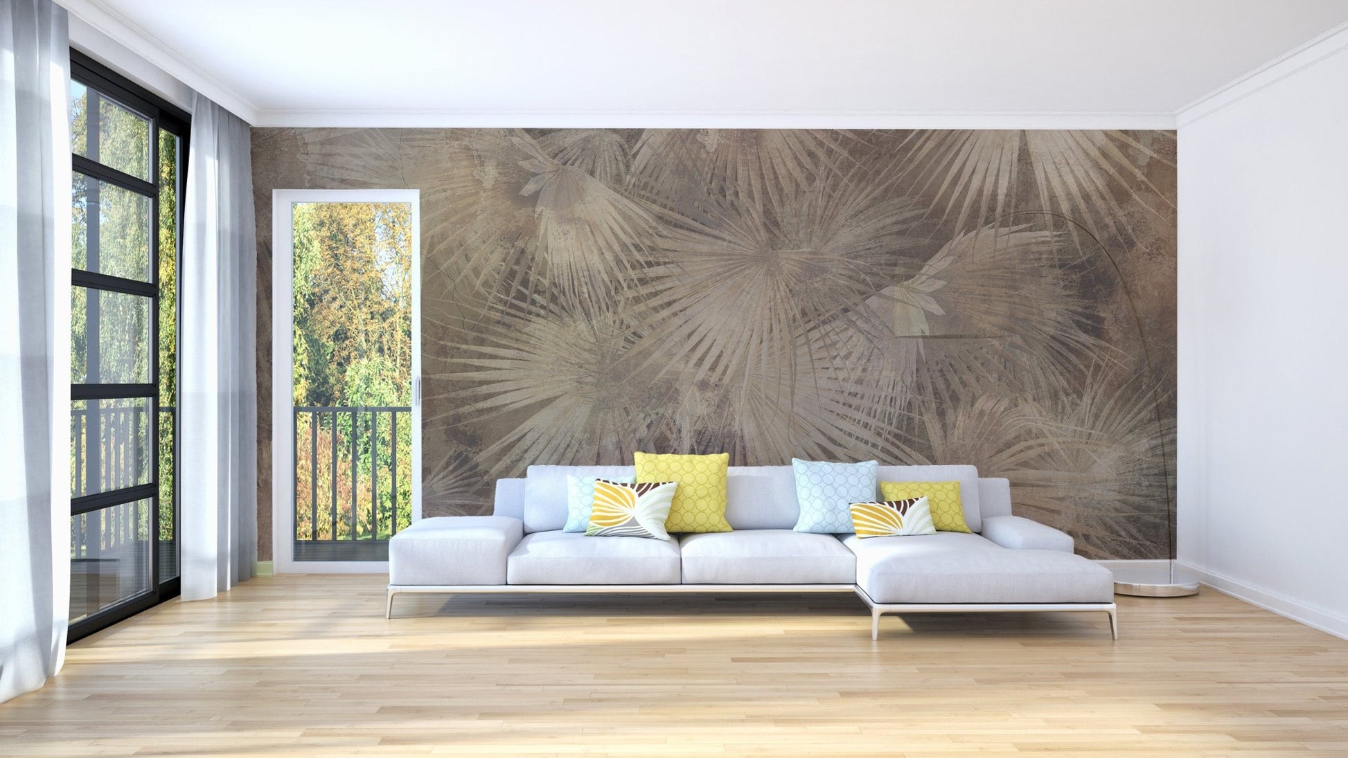 Subtle tropical leaf wall mural in neutral modern tones.
