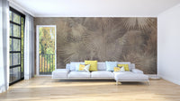 Subtle tropical leaf wall mural in neutral modern tones.