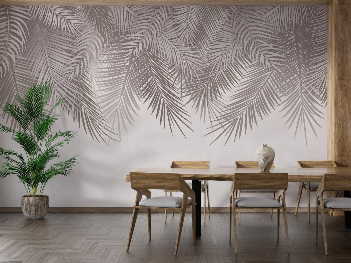 Elegant taupe palm wallpaper mural with textured backdrop.