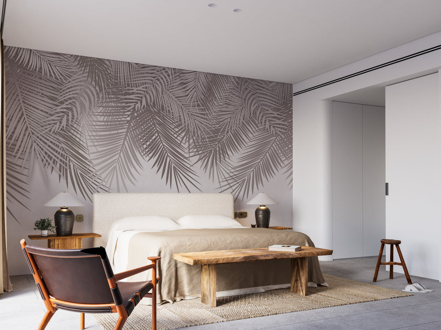 Contemporary tropical wallpaper with muted palm leaves.