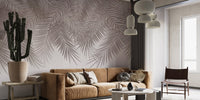 Neutral tropical wallpaper mural with layered palm fronds.