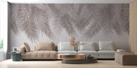 Tropical elegance wallpaper mural with taupe palm leaf pattern.
