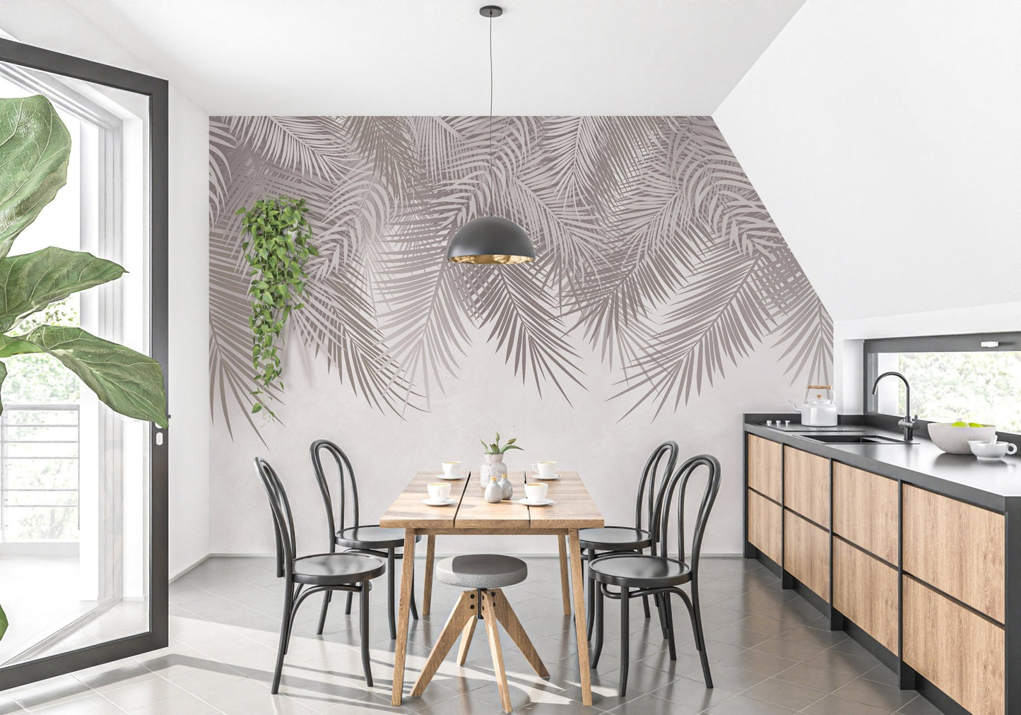 Modern tropical elegance wallpaper mural in beige color.
