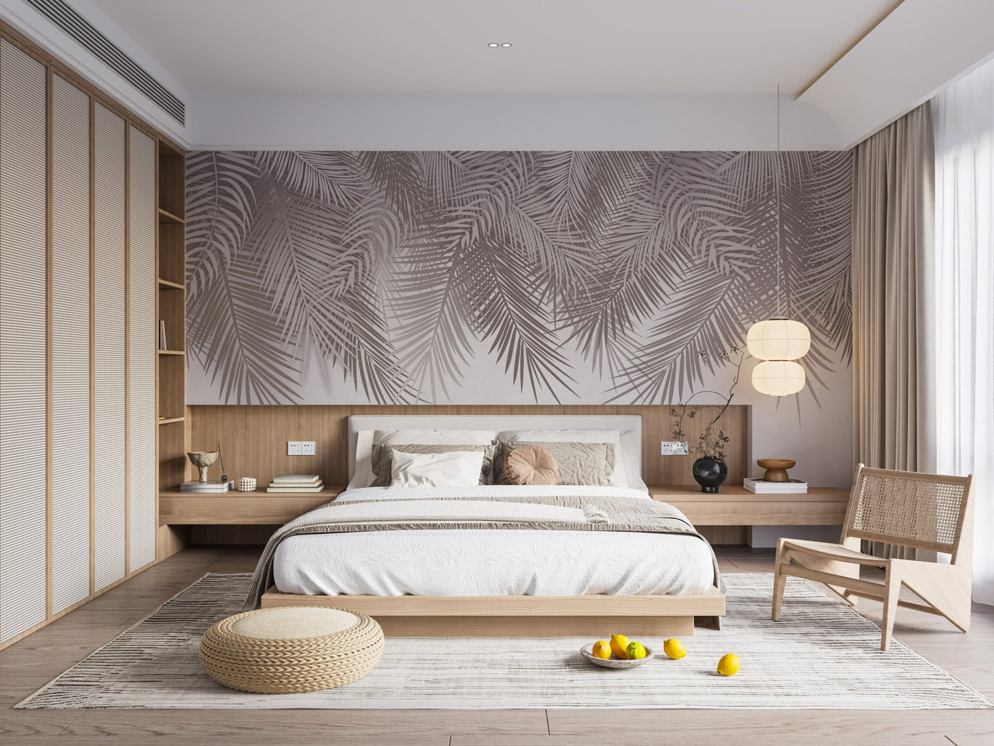 Minimal tropical leaf wallpaper mural in warm neutral color.