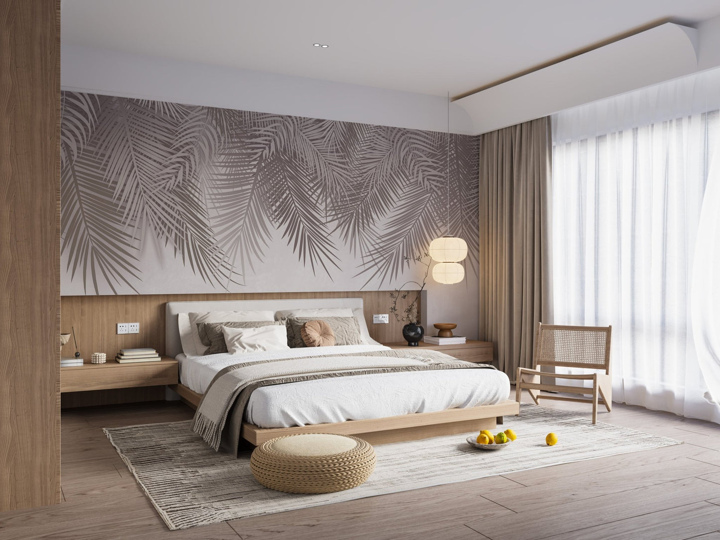 Botanical palm frond wall mural with subtle earthy tones.