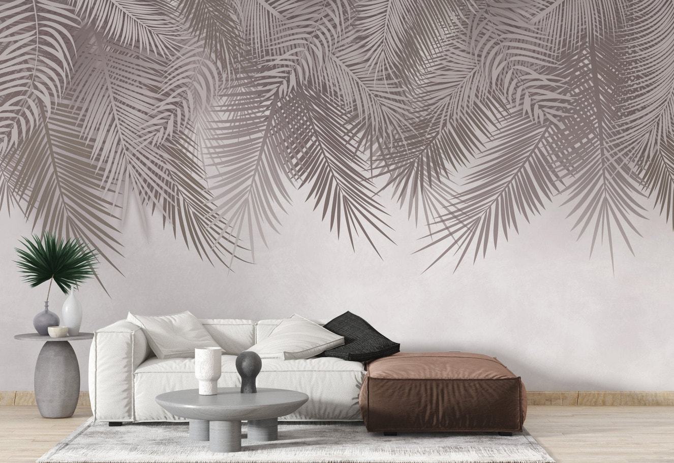 Brown tropical wallpaper mural with fine palm detailing.