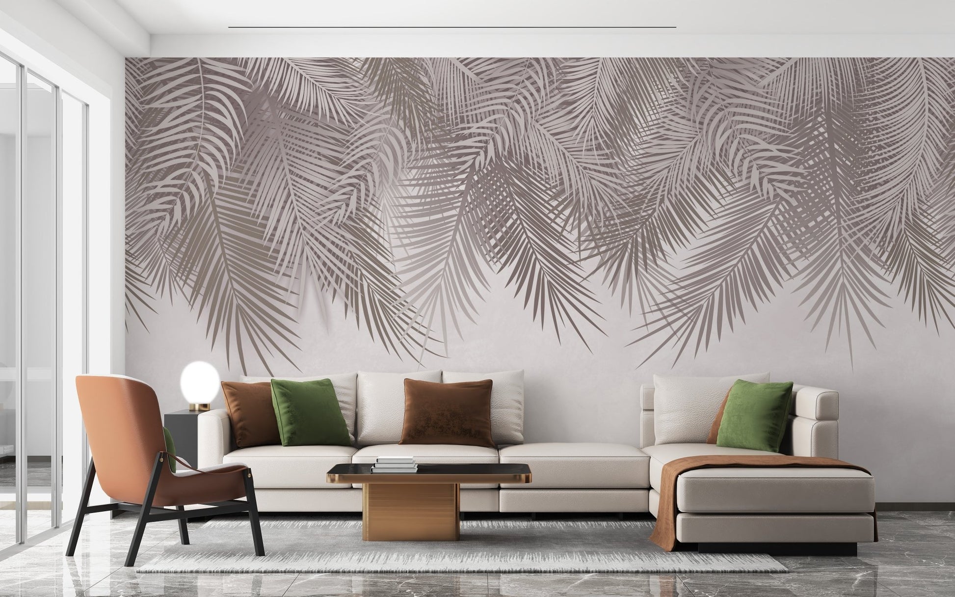 Stylish tropical wall mural with calm neutral palette.