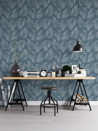 Home office setup with a desk and the Tropical Exotic Palm Leaves Vintage Illustration Wallpaper.