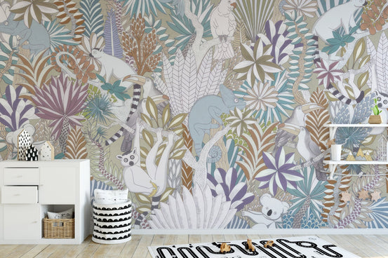 Tropical fauna wallpaper mural featuring blue chameleons and white lemurs.